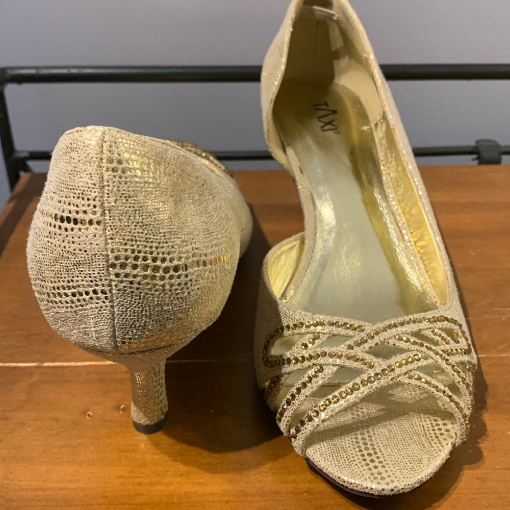 NEW Taxi Gold Peep Toe Sandals with Rhinestones - Picture 2 of 5